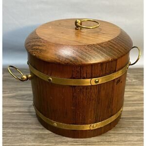 Vintage Ice Bucket Wood Brass Barrel Shape Barware Rustic Decor